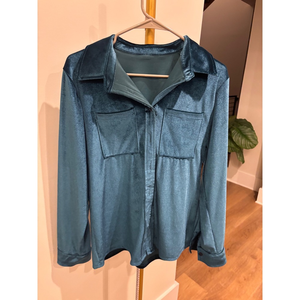 Womens Teal Blue Velvet Button Down Shirt Long Sleeve Collared Blouse XL
